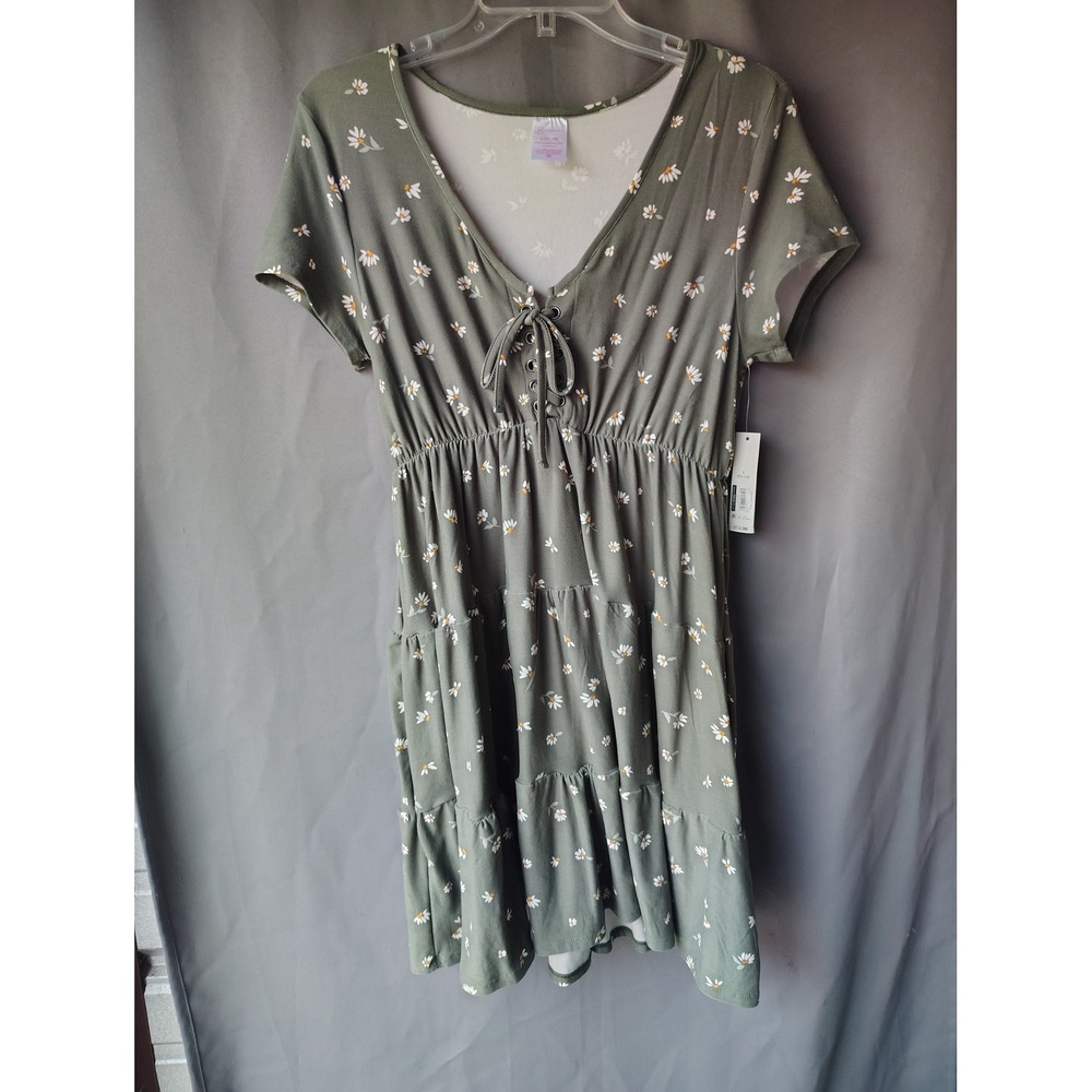No Boundaries Olive Green Daisy Floral Babydoll Dress Lace Up V-Neck Large 11-13